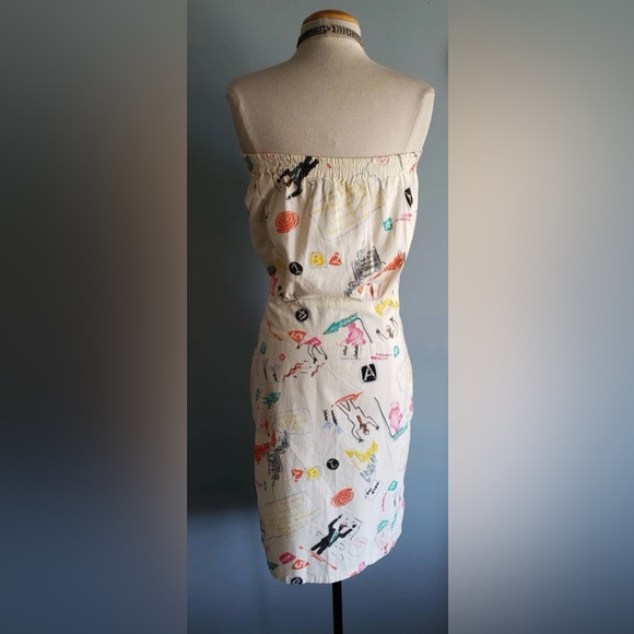 Vintage 80s Jag Graffiti Print Strapless Summer Cotton Button Front Dress M - Picture 4 of 16